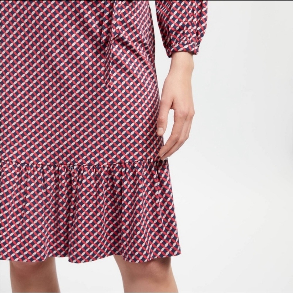 BODEN Jersey Dress Women's 10 Pink Navy Geometric Long Sleeve Ruffle Tie Waist - Picture 5 of 7